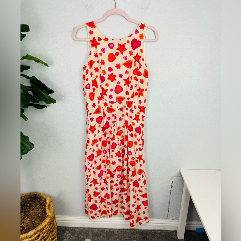 Vintage Bloomingdale’s Silk Red Heart Print Pleated Midi Shirt Dress - Picture 3 of 7